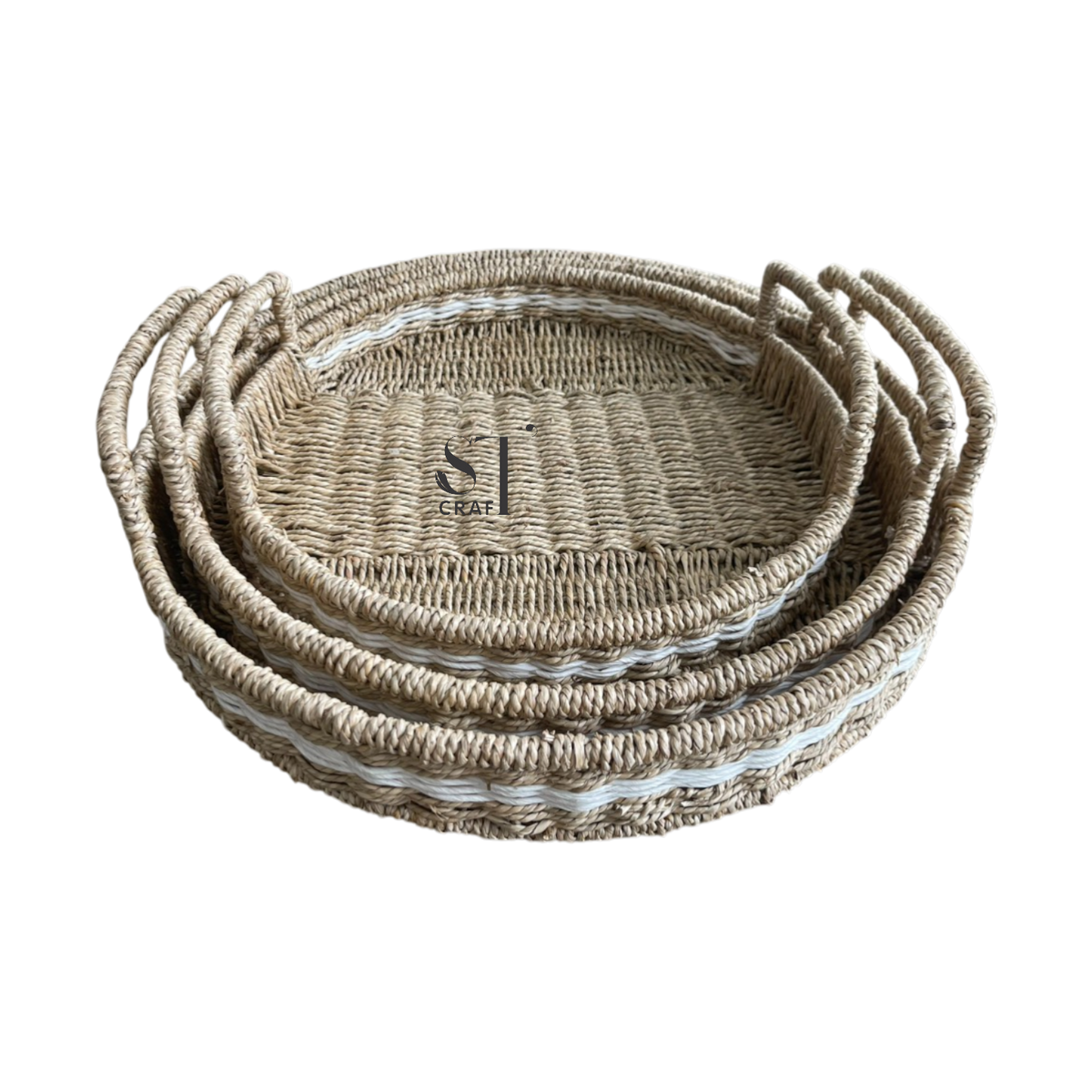 Set of 3 Seagrass Round Tray with Handles