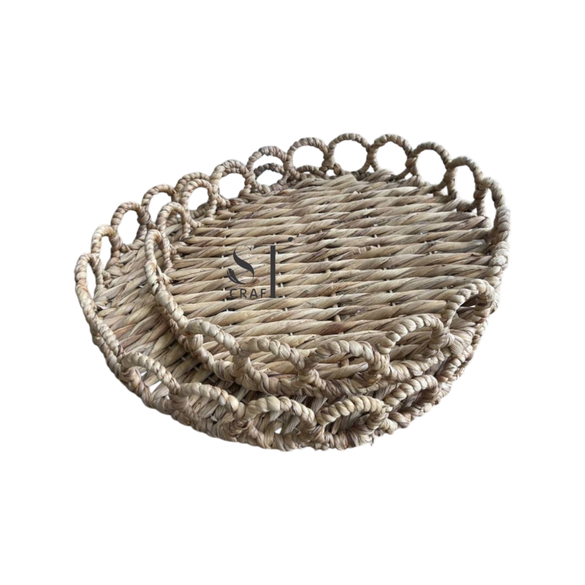 Water Hyacinth Round Tray with Handles