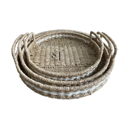 Set of 3 Seagrass Round Tray with Handles