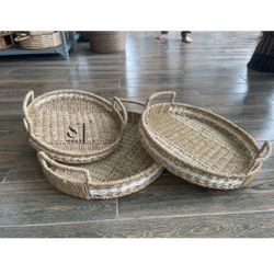 Set of 3 Seagrass Round Tray with Handles
