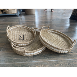 Set of 3 Seagrass Round Tray with Handles